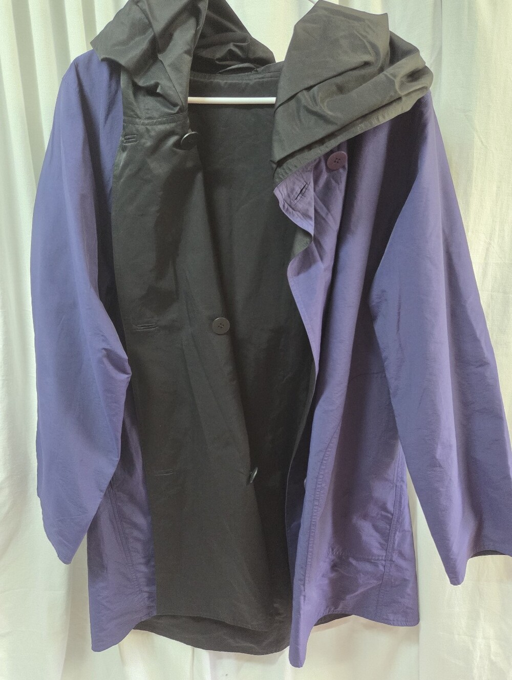 Eileen Fisher Two-Tone Hooded Trench Coat in Purple and Black - Picture 1 of 5
